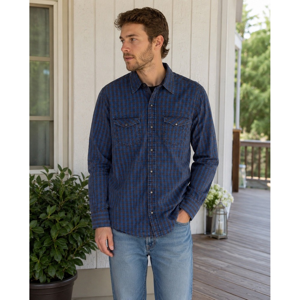 Age of Wisdom Mens Large Blue Brown Plaid Snap Front Western Shirt Corduroy Trim